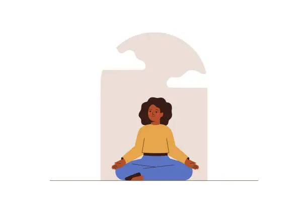 Vector illustration of Calm woman meditating near the window for saving mental health. African American female relaxing in lotus posture.