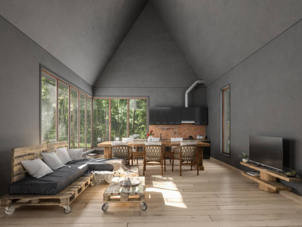 Tiny House Interior With Kitchen, Dining Table, Sofa, TV Set And Garden View From The Window.