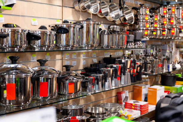 istock Stainless steel pots at store 1392180636