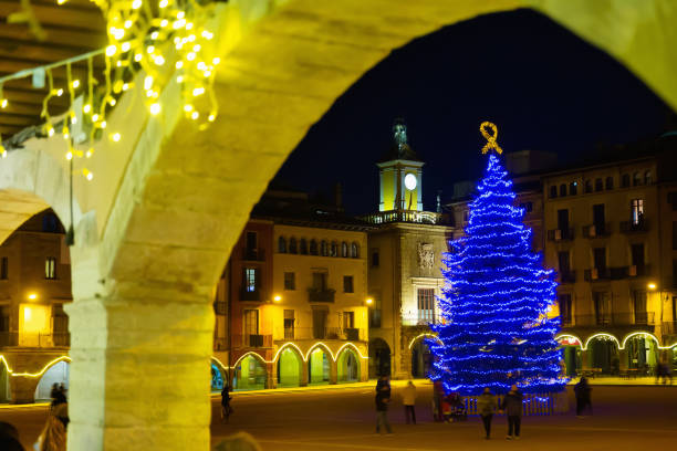 istock Placa Major in Vic with big blue christmas tree 1392181251