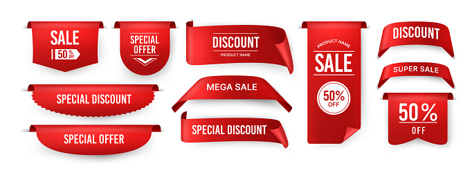 Ribbon price tag. Sale and special offer red label, offer sticker . Vector isolated set images collection badges retail