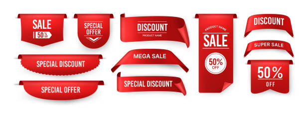 Ribbon price tag. Sale and special offer red label, offer sticker . Vector isolated set Ribbon price tag. Sale and special offer red label, offer sticker . Vector isolated set images collection badges retail red banner stock illustrations