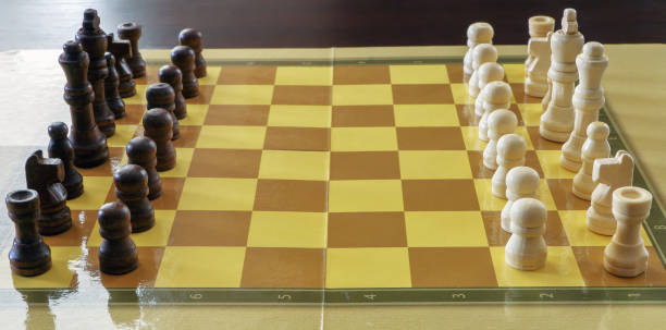 istock Chessboard with white and brown wooden chess pieces 1392182779