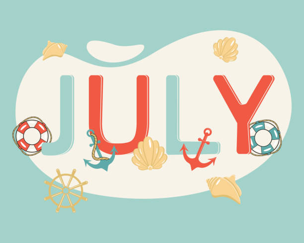 Hello July. Marine theme. Shell, lifebuoy, anchor. Elements for design. Vector illustration Hello July. Marine theme. Shell, lifebuoy, anchor. Elements for design. Vector illustration july stock illustrations