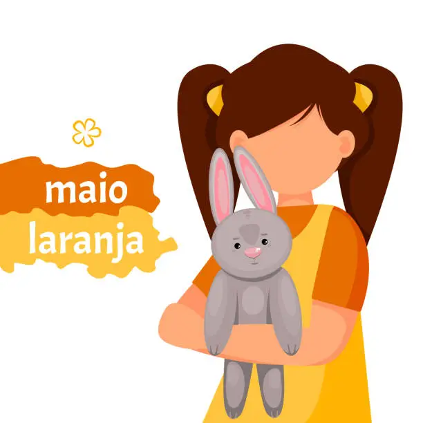 Vector illustration of Maio laranja campaign against violence research of children. Written in portuguese. Banner Maio laranja of child girl with bunny.