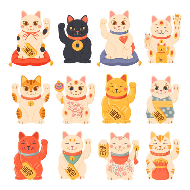 glückskekätzchen, orientalische japanische souvenir-glückskatzen. cartoon asiatisches glück und reichtum symbole, traditionelle maneki neko katzen vektor symbole illustrationen setzen. süße glückskatzen-souvenirs - winkekatze stock-grafiken, -clipart, -cartoons und -symbole