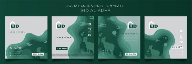 ilustrações, clipart, desenhos animados e ícones de conjunto de modelo de mídia social para eid mubarak com cabra em fundo de corte de papel verde - eid al fitr