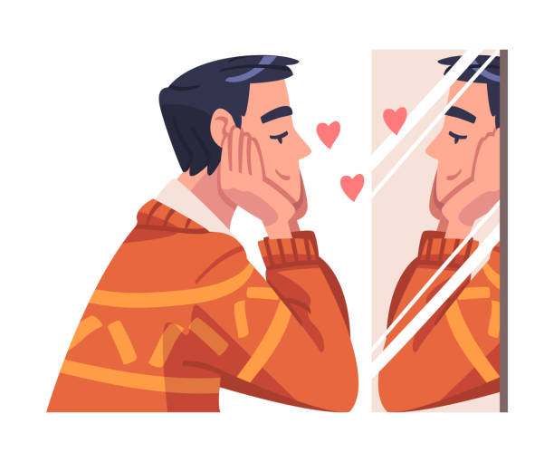 ilustrações de stock, clip art, desenhos animados e ícones de self love with man character admiring himself looking in mirror delighted with his appearance reflection vector illustration - mirror reflection men individuality