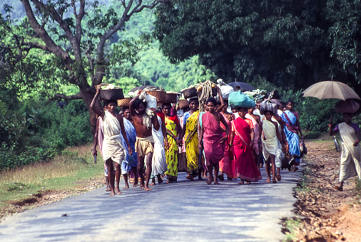 Orissa, Odisha, India - aug 21, 1996:  a large group of farmers seem to march in parade towards the weekly market which is held near their village. The \