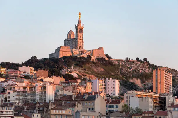 Basilique Notre-Dame de la Garde from the harbour in Marseille, France, Europe.