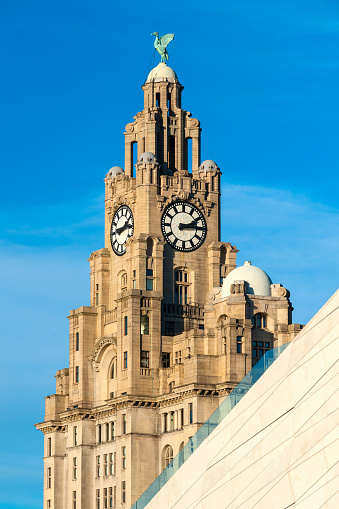 Close up of the clock tower of the Royal Liver Building in Liverpool, England, UK.