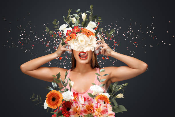 collage de arte abstracto de mujer joven con flores - ideas concepts fashion horizontal fotografías e imágenes de stock