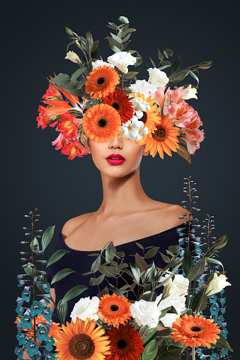 Abstract contemporary art collage portrait of young woman with flowers