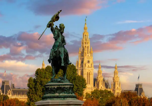 Statue of archduke Charles with Vienna City hall at background, Austria