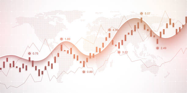 白黒の背景に上昇トレンド折れ線グラフと世界地図を持つ抽象的な財務チャート。株式市場投資取引のビジネスローソク足スティックグラフチャート。ベクターイラストレーション - stock market white colors finance点のイラスト素材／クリップアート素材／マンガ素材／アイコン素材