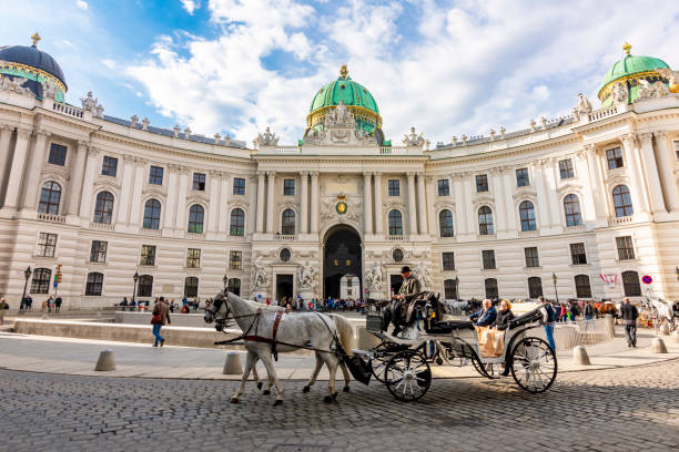конный экипаж во дворце хофбург на площади святого михаила (michaelerplatz), вена, австрия - михайловская площадь стоковые фото и изображения
