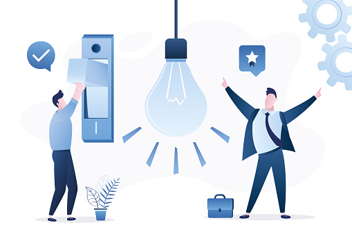 Business teamwork for new ideas search. Employee switch on idea lightbulb. Happy boss or businessman. Brainstorming, concept banner. Male manager turn on big toggle.