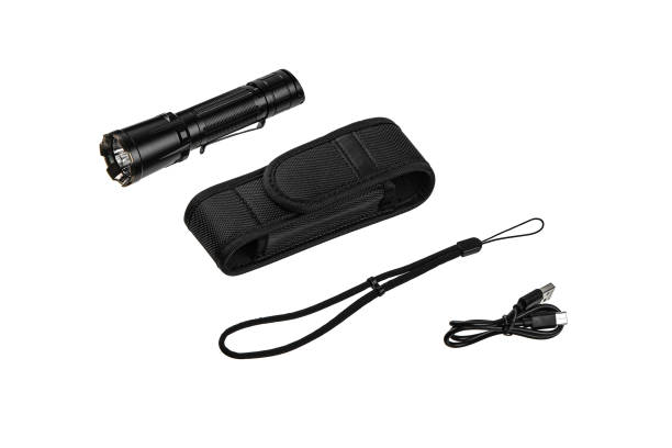 istock Black metal LED flashlight isolate on a white background. Pocket lamp for dark time of day or dark rooms. 1392198160