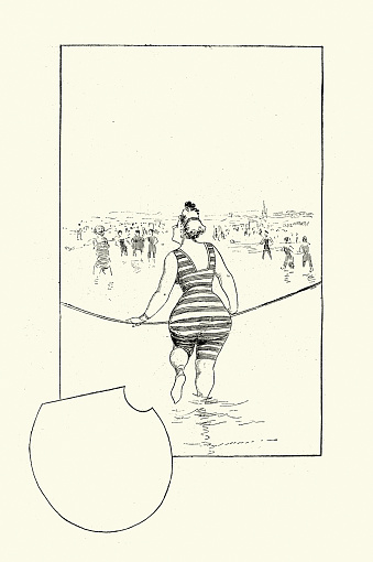 Vintage Victorian cartoon, Woman wearing striped bathing suit at sea side, 1890s, 19th Century