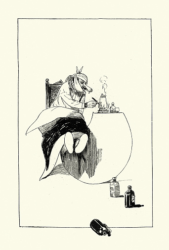 Vintage Victorian cartoon, man suffering from flu, blocked nose, Homemade cold medicine remedy, 19th Century
