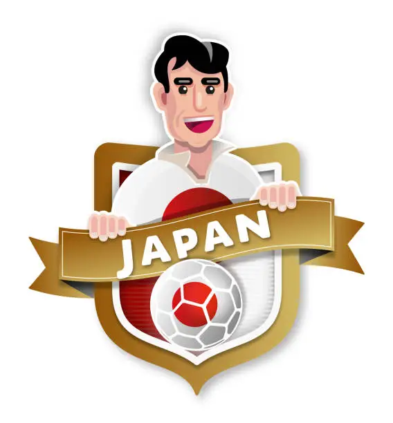 Vector illustration of Flat design illustration soccer player Japan with badge and japanese national flag