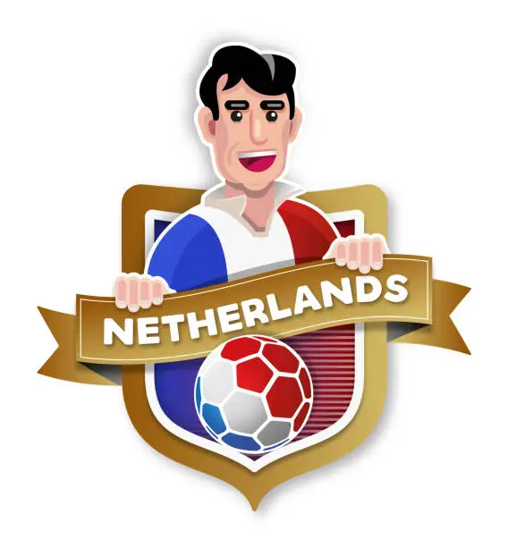 Vector illustration of Flat design illustration soccer player Netherlands with badge and dutch national flag