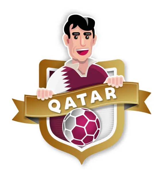 Vector illustration of Flat design illustration soccer player Qatar with badge and national flag