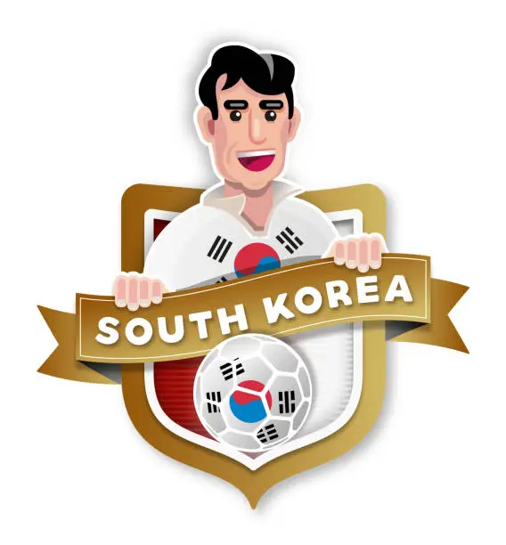 Vector illustration of Flat design illustration soccer player South Korea with badge and national flag