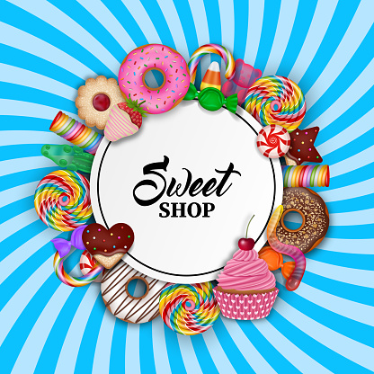 Sweets background. Realistic cakes, cookies and candies frame with text vector