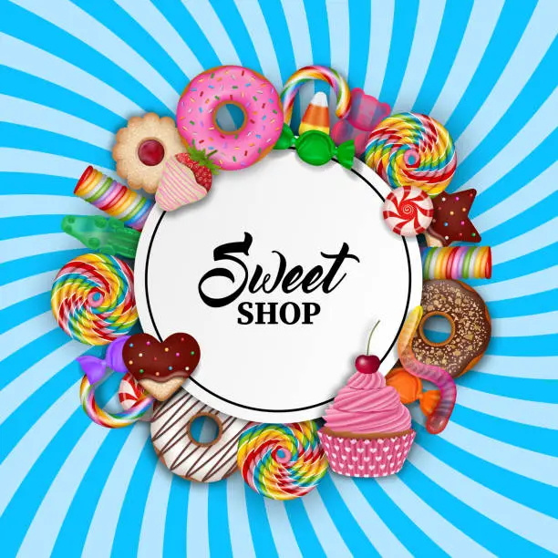 Vector illustration of Sweets background. Realistic cakes, cookies and candies frame with text.