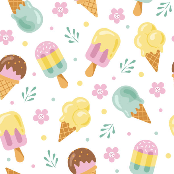 ilustrações de stock, clip art, desenhos animados e ícones de ice cream seamless pattern. tasty waffle cone, ice cream on stick, flowers and leaves. summer, vacation, birthday or sweet food theme background. - flavored ice variation birthday candy