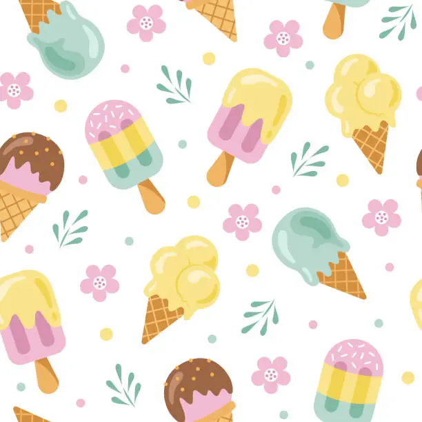 Vector illustration of Ice cream seamless pattern. Tasty waffle cone, ice cream on stick, flowers and leaves. Summer, vacation, birthday or sweet food theme background.