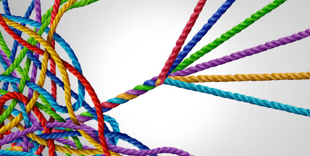 Concept Of Organizing Concept of organizing from mismanagement to managed success as a tangled group of ropes with another team of organized ropes succeeding. chaos stock pictures, royalty-free photos & images