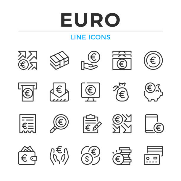 ilustraciones, imágenes clip art, dibujos animados e iconos de stock de conjunto de iconos de línea euro. elementos de contorno modernos, conceptos de diseño gráfico, colección de símbolos simples. iconos de línea vectorial - símbolo de moneda de la comunidad europea