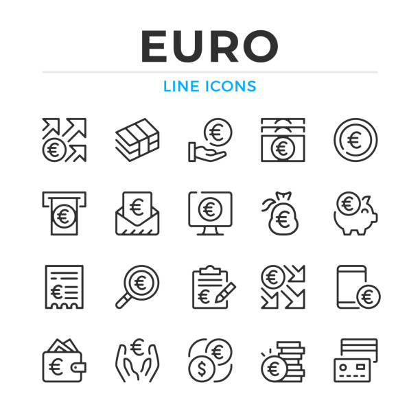 illustrazioni stock, clip art, cartoni animati e icone di tendenza di set di icone euro line. elementi di contorno moderni, concetti di progettazione grafica, semplice collezione di simboli. icone di linee vettoriali - euro symbol