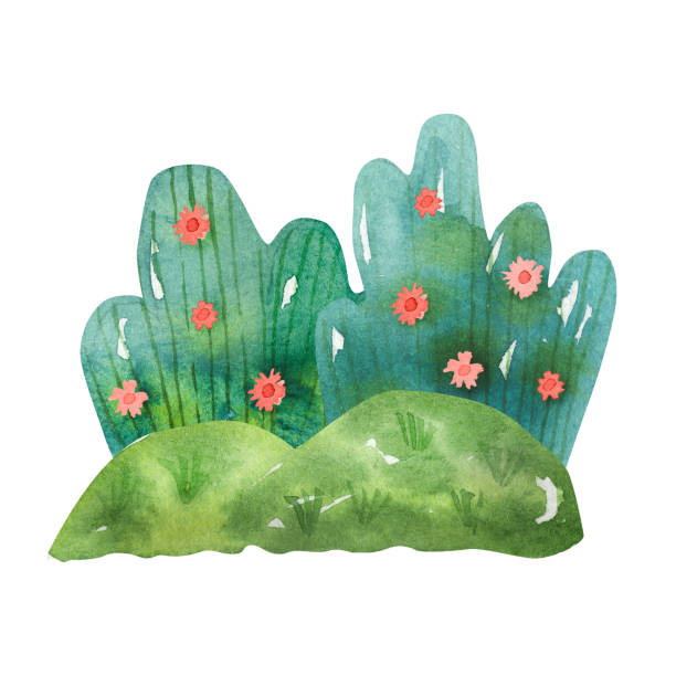 istock Watercolor forest bushes with flowers composition for nursery, stationery. Illustration with green plants for posters, sketchbooks, menu, farm market, web, sublimation print. 1392204352