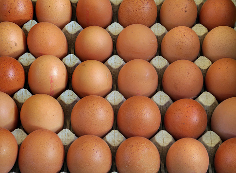 close up of a retail display of cartons of brown eggs, for sale at a farmer's market in the historic district of downtown Amsterdam