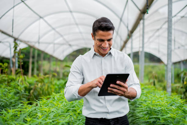 Brazilian man working and using technology in the field