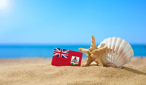 istock Tropical beach with seashells and Bermuda flag. 1392208526