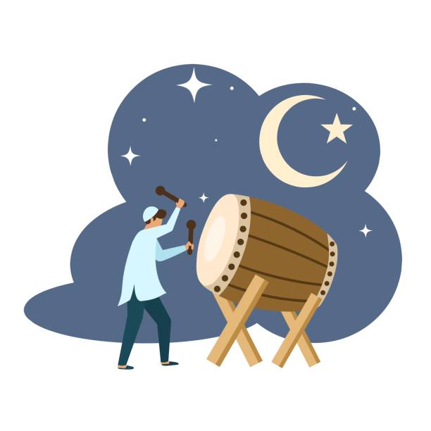 Vector illustration, Muslim boy playing the Bedug, Bedug is a large drum made of wood and cowhide, as a template for Eid greeting cards. Vector illustration, Muslim boy playing the Bedug, Bedug is a large drum made of wood and cowhide, as a template for Eid greeting cards. bedug stock illustrations
