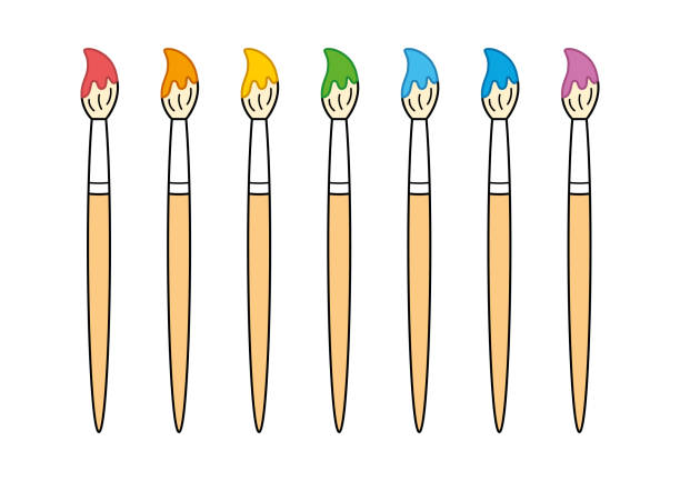 Artist paint brush colors set Red, orange, yellow, green, blue and violet artist paint brush colors set isolated vector. paintbrush stock illustrations