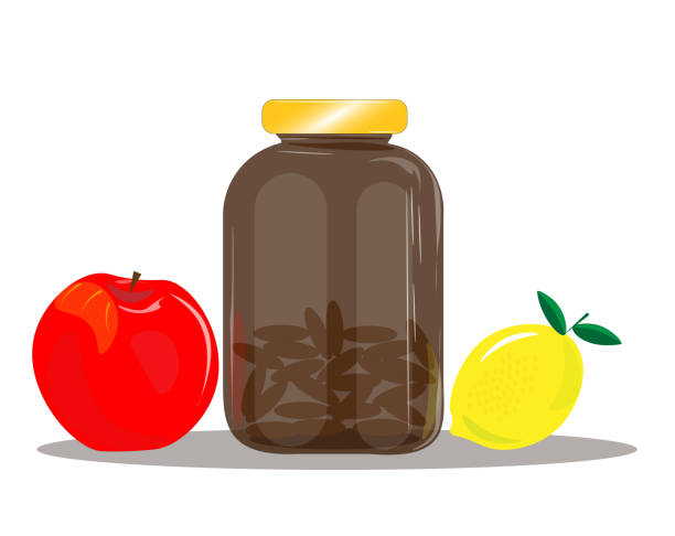 ilustraciones, imágenes clip art, dibujos animados e iconos de stock de ilustración de un frasco con vitaminas y frutas naturales. las vitaminas son importantes para nuestra salud. coma frutas y tome vitaminas, hierro, vitamina d, b2, b6, b12, vitamina c, calcio, magnesio, zinc, colágeno, etc. - vegetable vitamin a tomato vitamin c