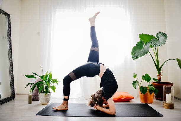 istock Young woman doing exercises at home with her dog 1392211971