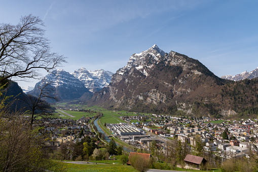 Mollis, Switzerland, April 13, 2022 Stunning alpine scenery from a hill top on a sunny day