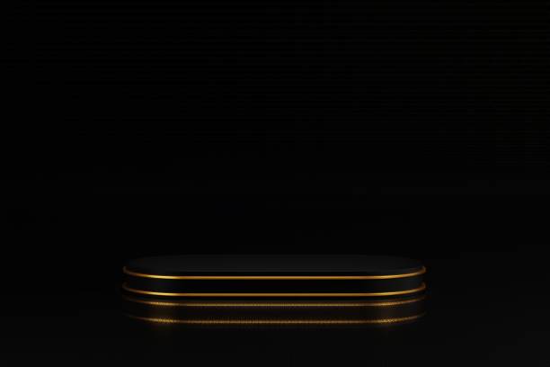 istock Black cylinder podium display with dark room, forms minimal scene, stage for product, 3d rendering 1392214249