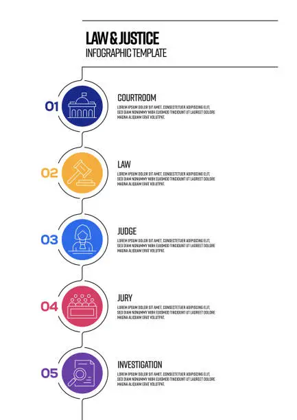 Vector illustration of Law and Justice Concept Vector Line Infographic Design with Icons. 5 Options or Steps for Presentation, Banner, Workflow Layout, Flow Chart etc.