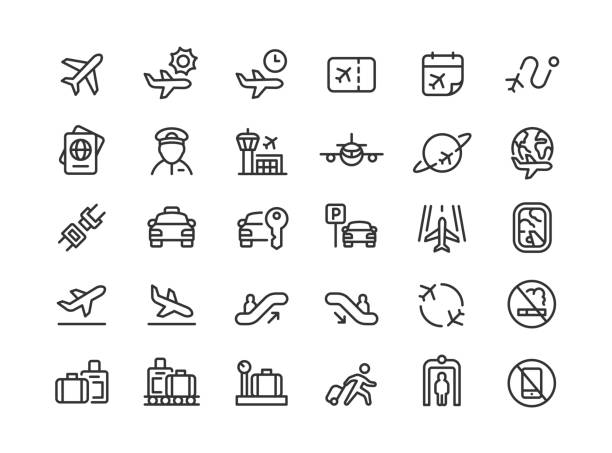 Airport Line Icons Editable Stroke Set of airport line vector icons. Editable stroke. airport porter stock illustrations
