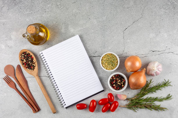 Cookbook with ingredients on the table.Recipe book.