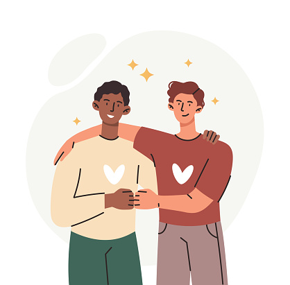 Concept of friendship. Two happy guys smile and hug. Love and care, social media posters. Communication and good relationships. Symbol of unity and tolerance. Cartoon flat vector illustration