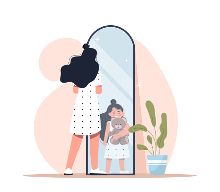 Inner child psychology therapy. Woman stands next to mirror and sees reflection of little girl with teddy bear in her hands. Naivety, carelessness and mental health. Cartoon flat vector illustration